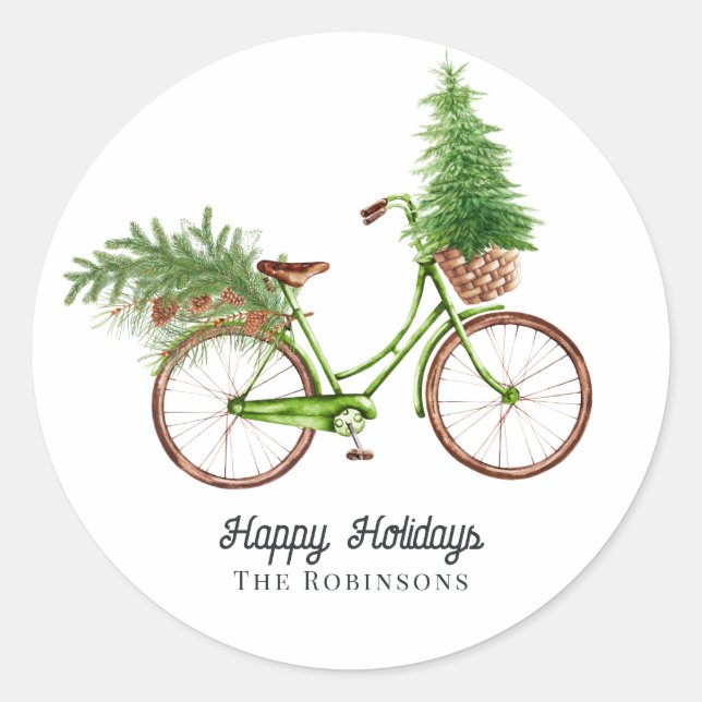 Retro Bicycle Christmas Tree and Pines Holiday Classic Round Sticker (Front)