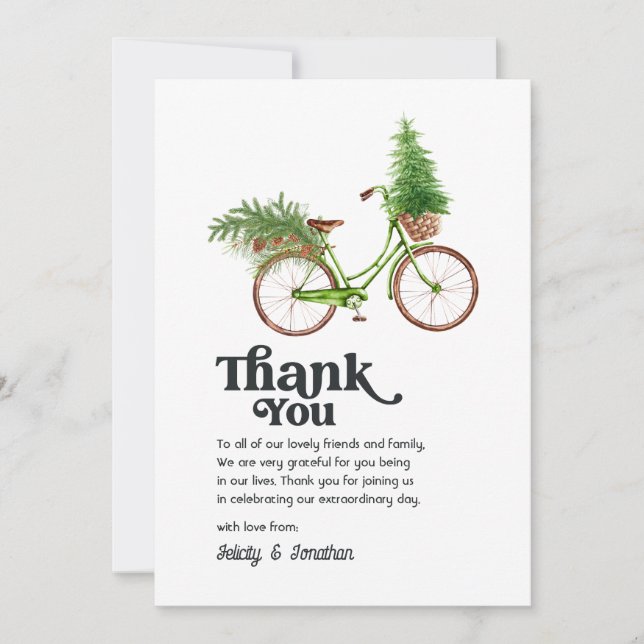 Retro Bicycle Christmas Tree Holiday Wedding Thank You Card (Front)