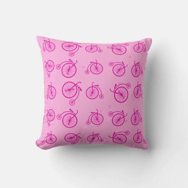 Retro Bicycle Pattern on Pink Background Throw Pillow (Front)