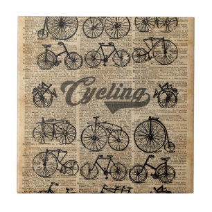 Retro Bicycles Vintage Illustration Dictionary Art Ceramic Tile