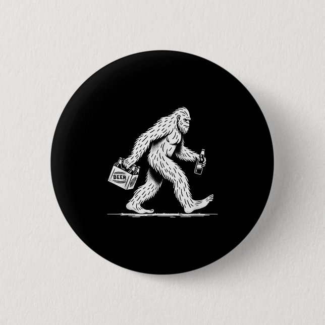 Retro Bigfoot Drinking Beer – Funny Sasquatch  Button (Front)