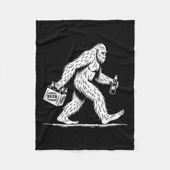 Retro Bigfoot Drinking Beer – Funny Sasquatch  Fleece Blanket (Front)