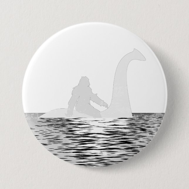 Retro Bigfoot Riding The Loch Ness Round Button (Front)