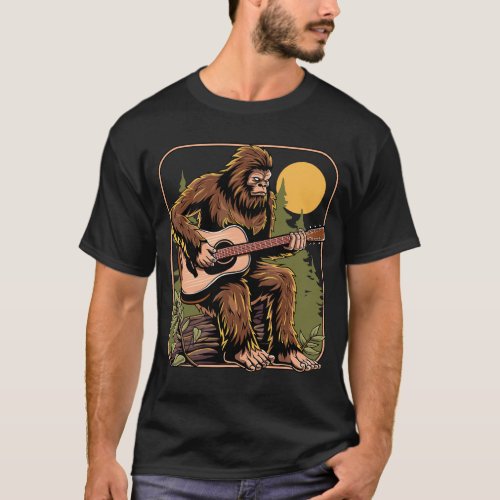 Retro Bigfoot Sasquatch Playing Acoustic Guitar  T_Shirt