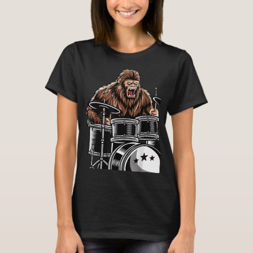 Retro Bigfoot Sasquatch Playing Drums _ Music Band T_Shirt