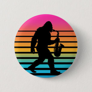 Retro Bigfoot Saxophone Sunset Button