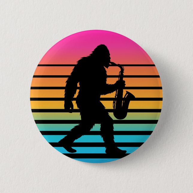 Retro Bigfoot Saxophone Sunset Button (Front)