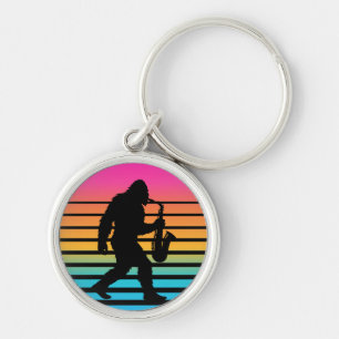 Retro Bigfoot Saxophone Sunset Keychain