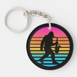 Retro Bigfoot Saxophone Sunset Keychain