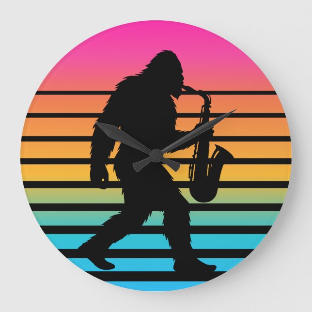 Retro Bigfoot Saxophone Sunset Large Clock (Front)