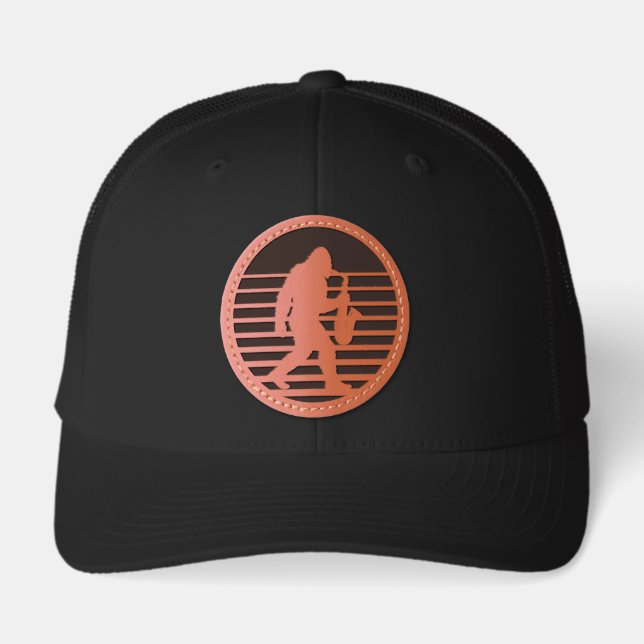Retro Bigfoot Saxophone Sunset Leather Patch Hat (Front)