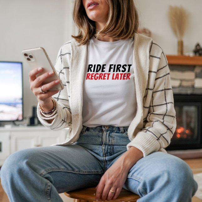 Retro bike Girl Irony red black Tri-Blend Shirt (Accompanying the bike graphic is a fun and playful saying: "Ride First, Regret Later.")