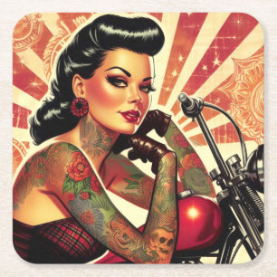 Retro Biker Pin-up Square Paper Coaster