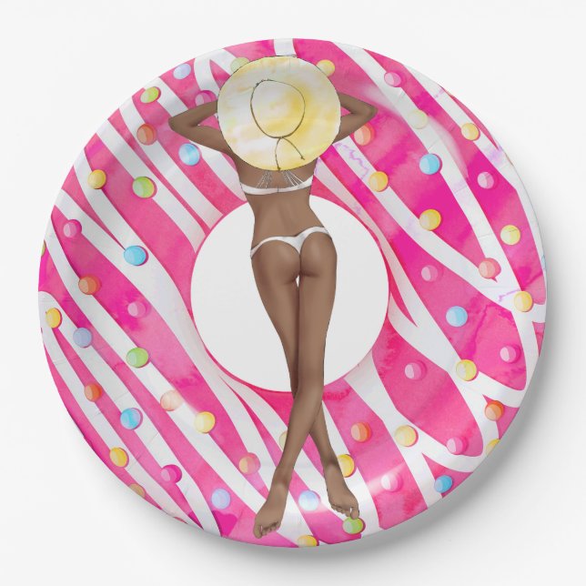 Retro Bikini Girl Birthday Pool Party Paper Plate (Front)