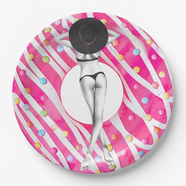 Retro Bikini Girl Birthday Pool Party Paper Plates (Front)