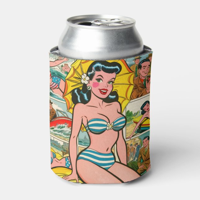 Retro Bikini Girl Summer Comics Can Cooler (Can Front)