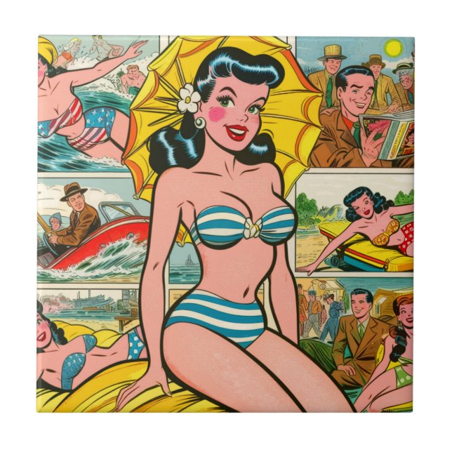 Retro Bikini Girl Summer Comics Ceramic Tile (Front)