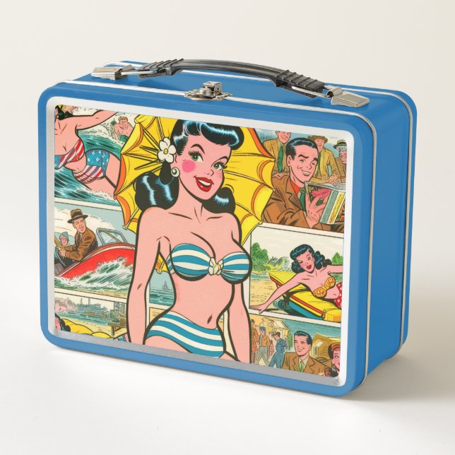 Retro Bikini Girl Summer Comics Metal Lunch Box (Front)