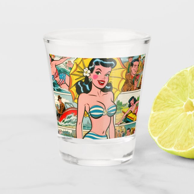 Retro Bikini Girl Summer Comics Shot Glass (Front)