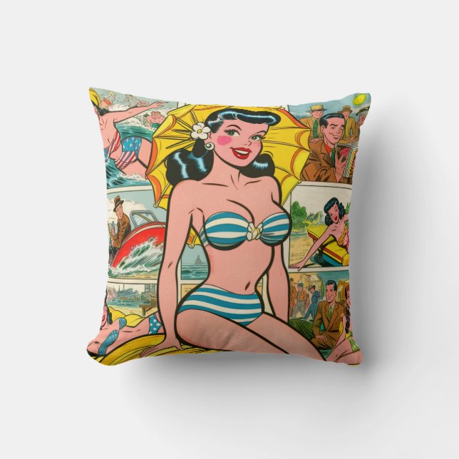 Retro Bikini Girl Summer Comics Throw Pillow (Front)