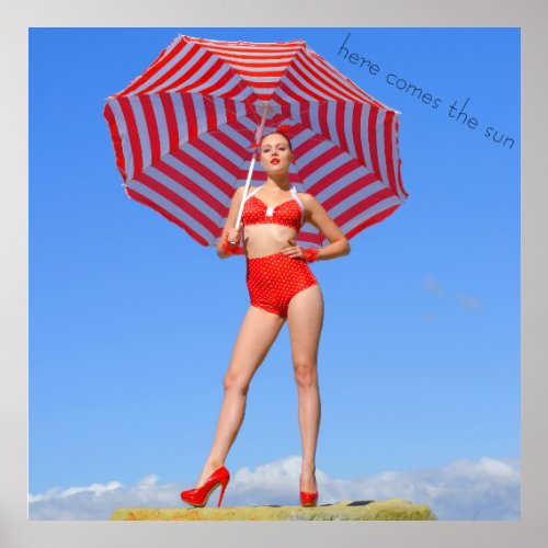 Retro bikini modelred stripe parasol poster