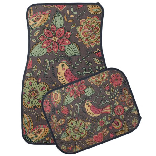 Retro Birds And Flowers Colorful Pattern Car Mat