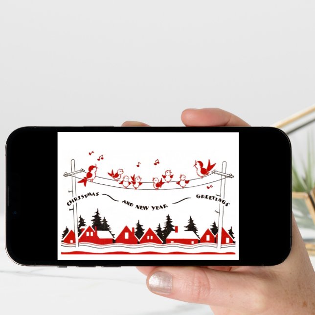 Retro birds Christmas and New Years Card (Front Digital)