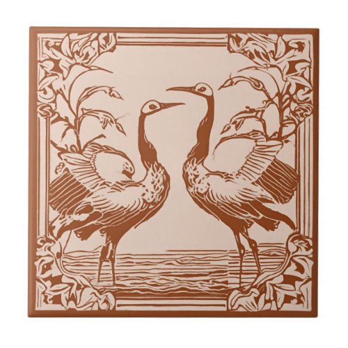 Retro Birds two Cranes Brown Art Deco Art Nouveau Ceramic Tile