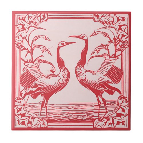 Retro Birds two Cranes Red Art Deco Art Nouveau Ceramic Tile