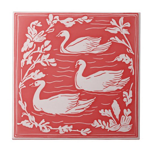 Retro Birds Vintage Art Nouveau Swans Red Art Deco Ceramic Tile