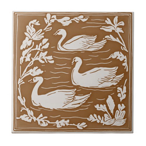 Retro Birds Vintage Brown Art Nouveau Swans Ceramic Tile