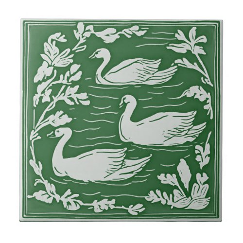 Retro Birds Vintage Green Art Nouveau Swans Ceramic Tile