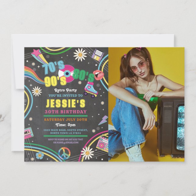 Retro Birthday 70s 80s 90s Disco Photo Invitation (Front)