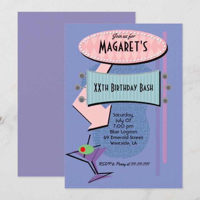 Retro Birthday Cocktail Party Invitation (Front/Back)