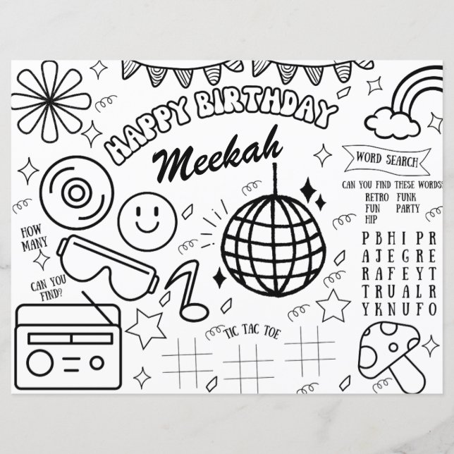 Retro Birthday Coloring Page Groovy 90's Party  (Front)
