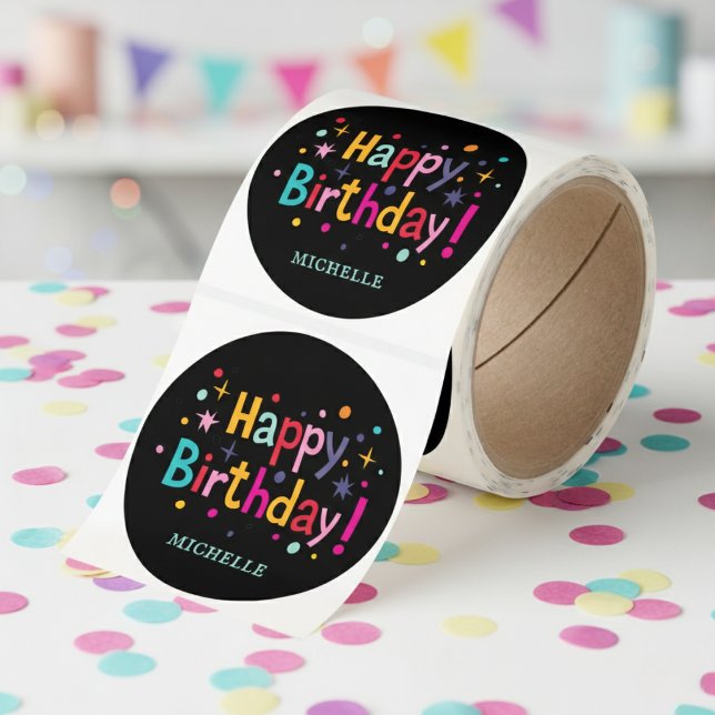 Retro Birthday Confetti Stickers (Add a custom name to these colorful retro birthday stickers.)