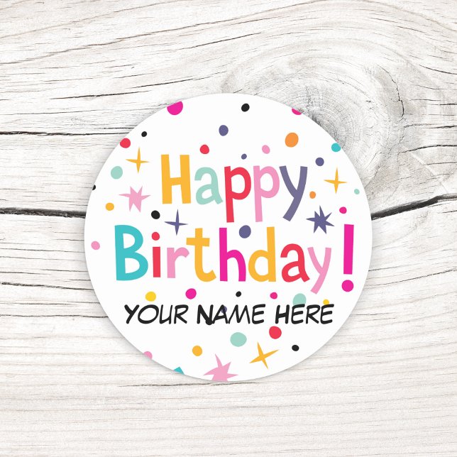 Retro Birthday Confetti Stickers (Add a name to these colorful retro birthday stickers.)