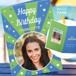 Retro Birthday Custom Name 2 Photo Blue Green Card<br><div class="desc">Say "Happy Birthday" with this retro style birthday card,  including a personalized name and two photographs. A fun design for family,  kids,  friends or pets! Colorful palette of blue,  green,  yellow and white.</div>
