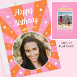 Retro Birthday Custom Name 2 Photo Pink Orange Card<br><div class="desc">Say "Happy Birthday" with this retro style birthday card,  including a personalized name and two photographs. A fun design for family,  kids,  friends or pets! Colorful palette of pink,  orange and white.</div>