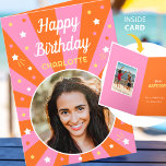 Retro Birthday Custom Name 2 Photo Pink Orange Card<br><div class="desc">Say "Happy Birthday" with this retro style birthday card,  including a personalized name and two photographs. A fun design for family,  kids,  friends or pets! Colorful palette of pink,  orange,  yellow and white.</div>