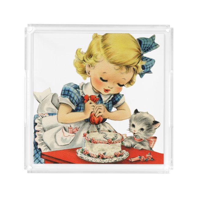 Retro Birthday Girl Cake Cat Children Artwork Acrylic Tray (Front)