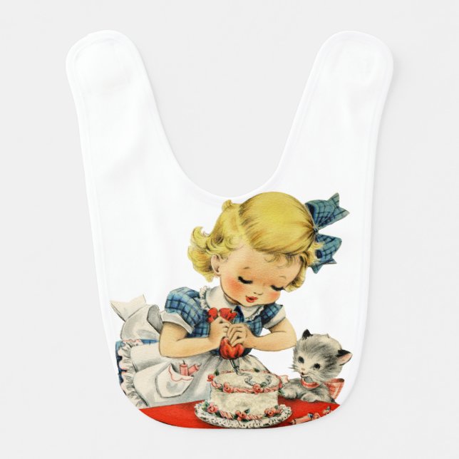 Retro Birthday Girl Cake Cat Children Artwork Baby Bib (Front)