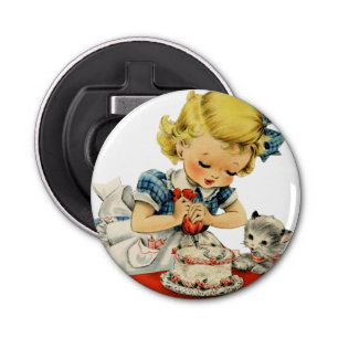 Retro Birthday Girl Cake Cat Children Artwork Bottle Opener