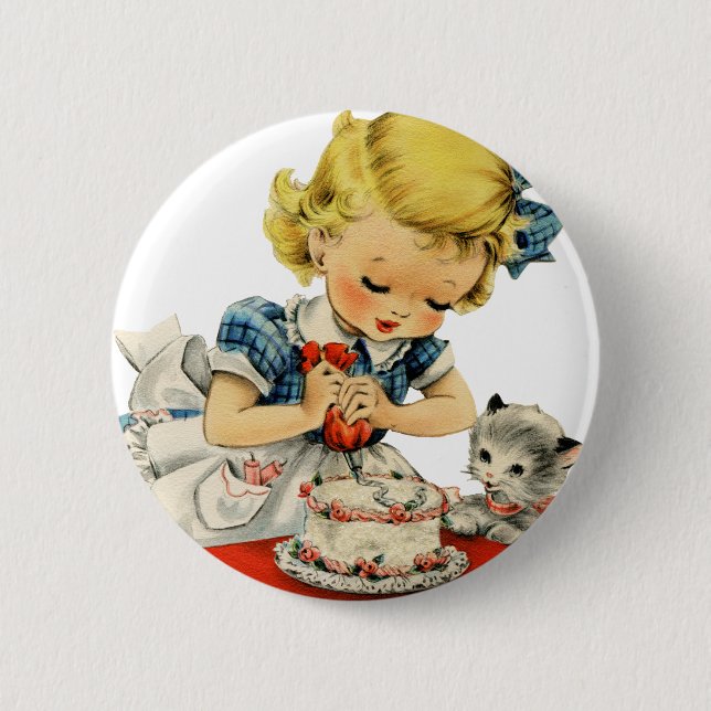 Retro Birthday Girl Cake Cat Children Artwork Button (Front)