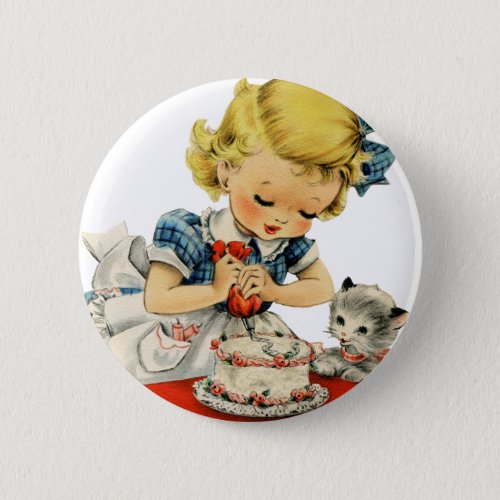 Retro Birthday Girl Cake Cat Children Artwork Button