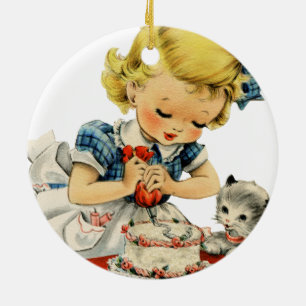 Retro Birthday Girl Cake Cat Children Artwork Ceramic Ornament