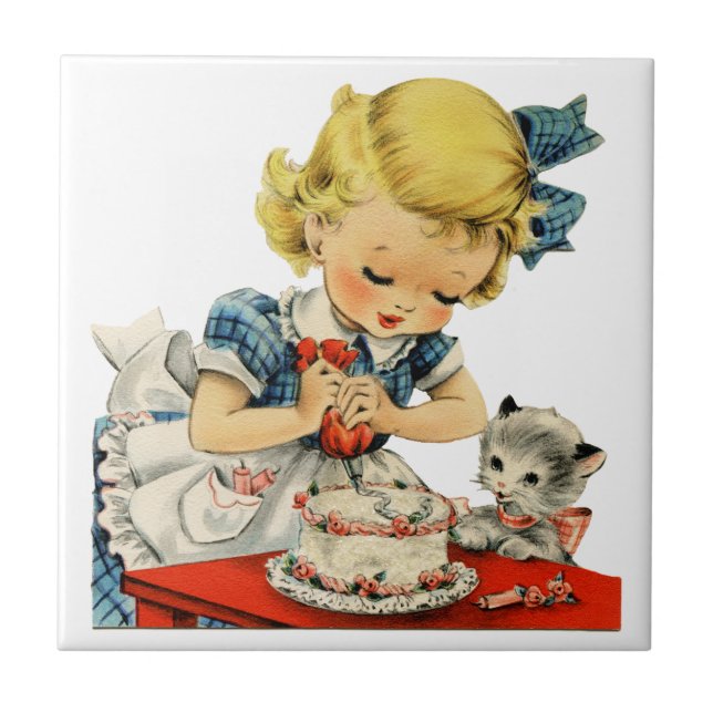Retro Birthday Girl Cake Cat Children Artwork Ceramic Tile (Front)