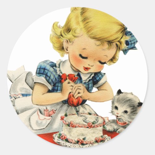 Retro Birthday Girl Cake Cat Children Artwork Classic Round Sticker