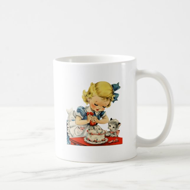 Retro Birthday Girl Cake Cat Children Artwork Coffee Mug (Right)