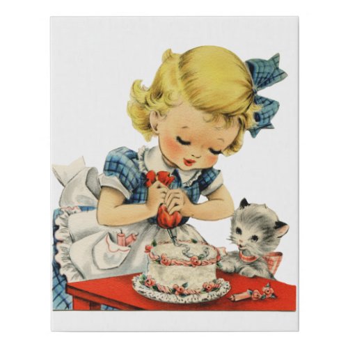 Retro Birthday Girl Cake Cat Children Artwork Faux Canvas Print